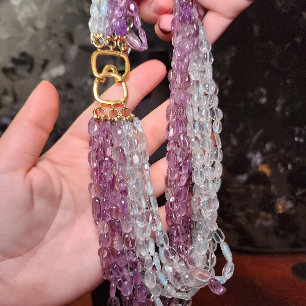 Vtg Amethyst Aquamarine Gemstone Necklace Purple Blue 14 Multistrand 16" - Picture 8 of 9
